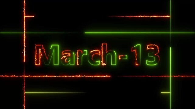 Abstract Neon March 13 calendar date Animation 4k video. Neon bright 13 March date text green color animation. Suitable for event promotion, important.
