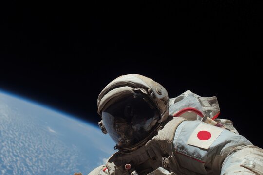 Astronaut wearing a space suit with a Japanese flag patch explores space in low Earth orbit above planet Earth