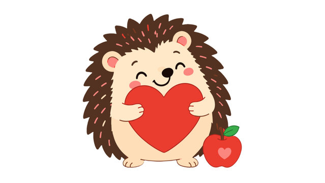 Cute hedgehog holding red heart with apple cartoon vector