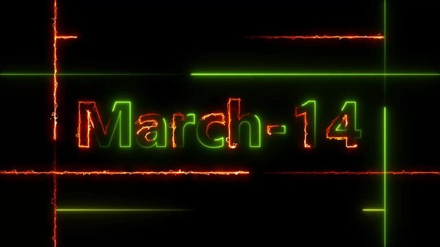Abstract Neon March 14 calendar date Animation 4k video. Neon bright 14 March date text green color animation. Suitable for event promotion, important.