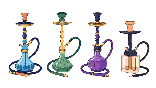 Colored hookah and shisha pipe icon set on white