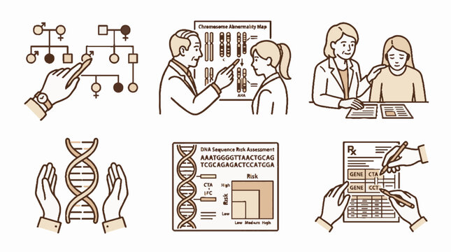Genetic counseling and medical testing vector illustration set showing DNA analysis and family pedigree charts in a minimalist line art style