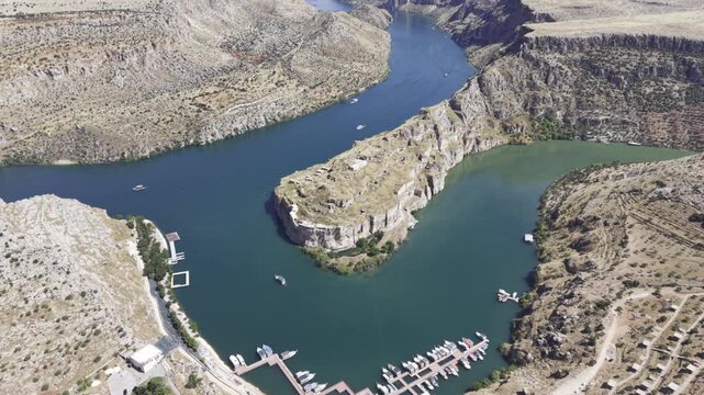 Cinematic Drone Flight Around Rumkale Historic Fortress on the Euphrates River in Gaziantep, Turkey