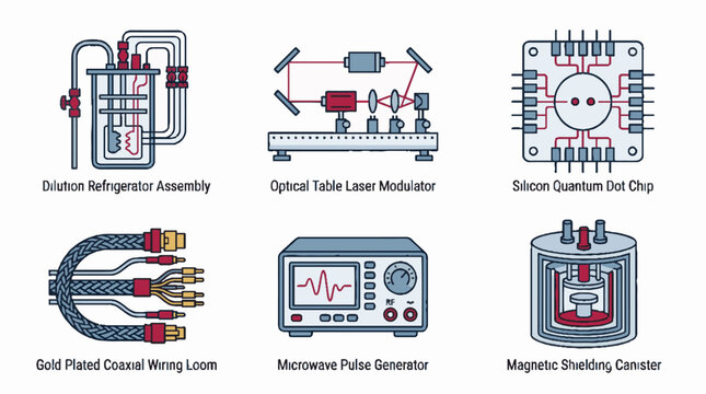 Set of six scientific laboratory equipment icons including dilution refrigerator optical laser modulator quantum chip wiring and pulse generator