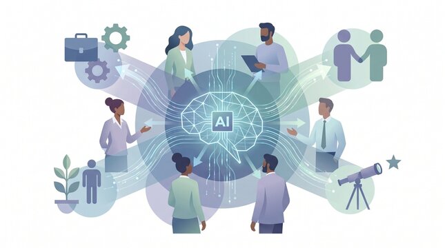 Diverse professionals collaborating around a glowing artificial intelligence digital brain interface for modern corporate business operations