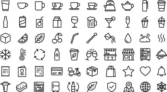 Set of thin line icons for food, drinks, and beverage service isolated on white background transparent background