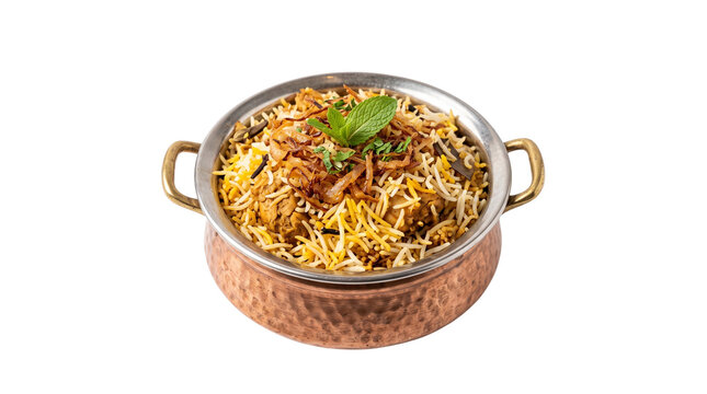 Traditional Indian chicken biryani in copper handi, aromatic basmati rice with spices and herbs, authentic hyderabadi biryani dish for restaurant menu isolated PNG with Transparent Background