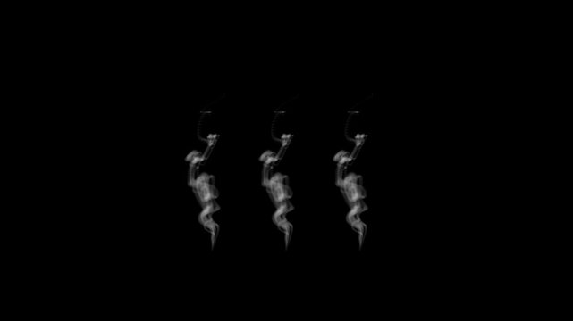 White steam spins and rises, white smoke rises on  black background, realistic cooking effect for video editing, looping kitchen vapor texture element.