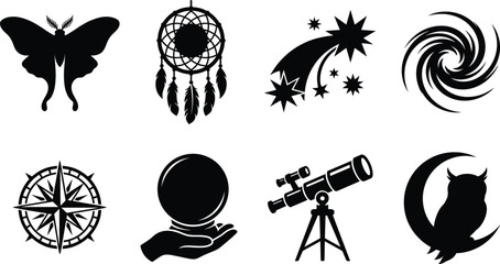 Celestial and magical vector icon set featuring luna moth dreamcatcher shooting stars crystal ball and astronomy telescope © MdHasmot