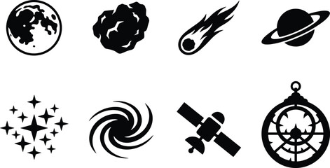 Space and astronomy vector icon set featuring planets asteroid comet galaxy vortex and artificial satellite elements © MdHasmot