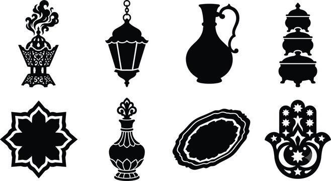 Traditional Arabic and Islamic cultural vector icon set featuring censer lantern hamsa hand and ornamental tableware silhouettes