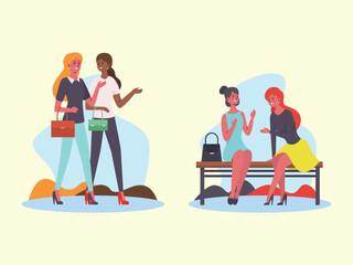 Fototapeta premium Women friends hanging out, conversing, and discussing at an outdoor park, enjoying leisure time.