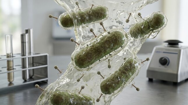 Clinical microbiology illustration showing Pseudomonas aeruginosa rods near bacteriophage particles, a translucent mucus barrier, masked receptor sites on the bacterial outer membrane, and stainless