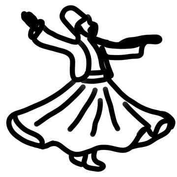 Minimal Whirling Dervish Doodle Icon, Sufi Mevlevi Dancer Hand Drawn Outline Illustration