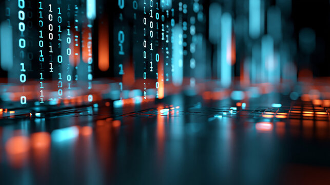 Futuristic digital landscape with neon light reflections representing binary code data and abstract database technology, defocused reflective digital space, binary neon landscape