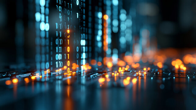 Abstract digital data visualization with glowing blue and orange light representing binary code and computer matrix technology, defocused dark environment, binary matrix