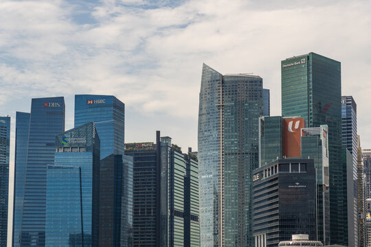 Singapore-February 26, 2026: View of the skyline of Singapore with Marina Bay in foreground.