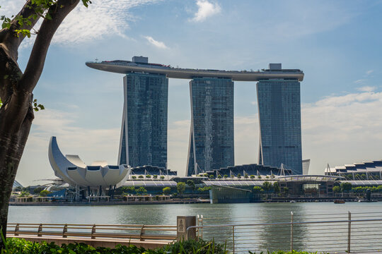 Singapore-February 26, 2026: View of the skyline of Singapore with Marina Bay in foreground.