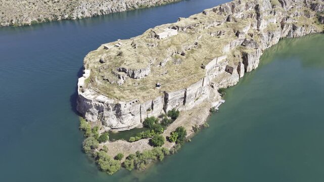 Cinematic Drone Flight Around Rumkale Historic Fortress on the Euphrates River in Gaziantep, Turkey