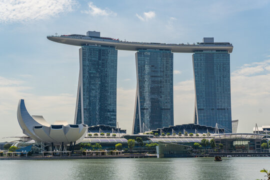 Singapore-February 26, 2026: View of the skyline of Singapore with Marina Bay in foreground.