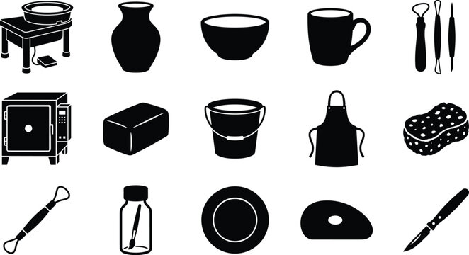 Pottery silhouette set, ceramic making tools and studio black icons vector illustration isolated on white background