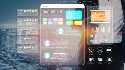 Fototapeta premium Modern Digital Dashboard Interface for Online Advertising Analysis with Graphs, User Feedback, and Interactive Elements in Urban Environment Sigmoid
