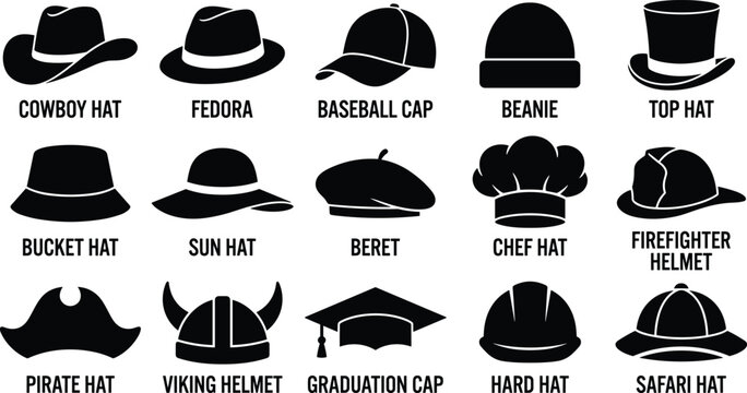 Hat silhouette set, headwear types black silhouettes vector illustration isolated on white background
