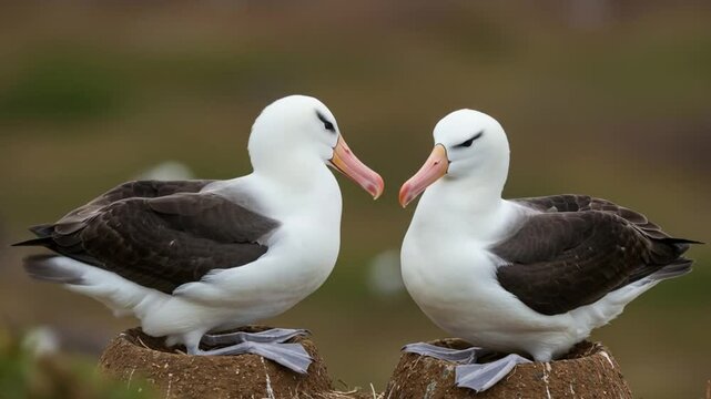 Black browed albatross pair nesting on mud pedestals