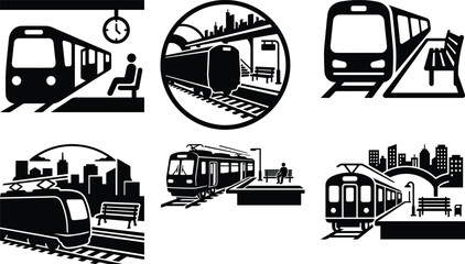 A subway train stopping beside a platform bench bundle silhouette icon vector art illustration © MohammadZiaul