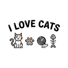 Fototapeta premium I Love Cats Cute Cartoon Vector Illustration with Pet Icons.