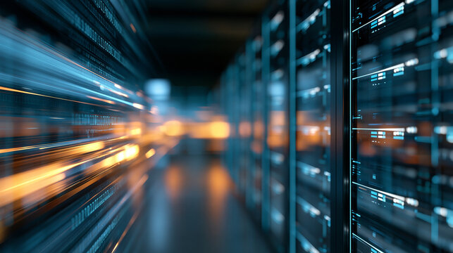 Vibrant view of a futuristic server room with glowing data streams and binary code background creating an advanced computing atmosphere, defocused server environment, binary