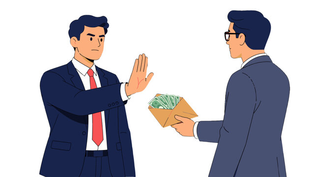 Businessman rejecting cash bribe offered in envelope illustration
