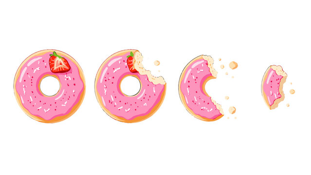 Set of pink frosted donuts with bites and crumbs isolated