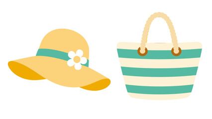 Fototapeta premium Summer hat and striped beach tote bag vector illustration