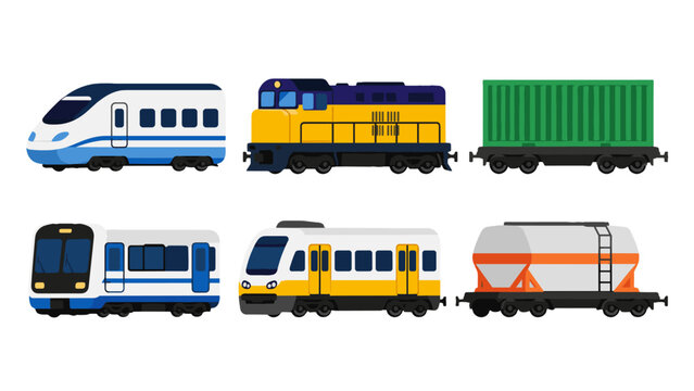 Set of passenger and freight trains in flat vector style