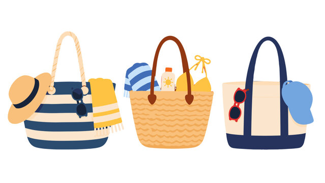 Set of beach bags with summer accessories in flat vector style