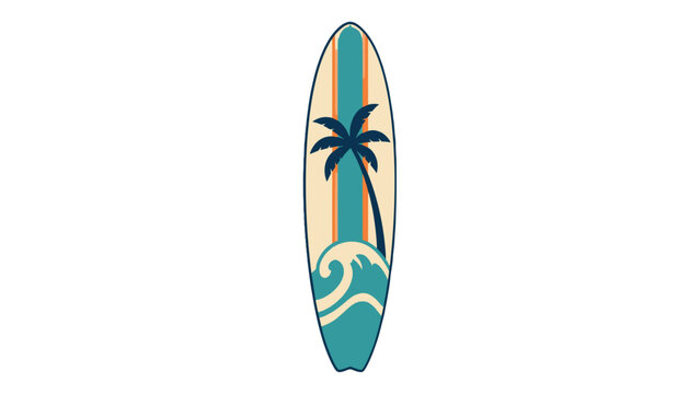 Retro surfboard with palm tree and wave graphic