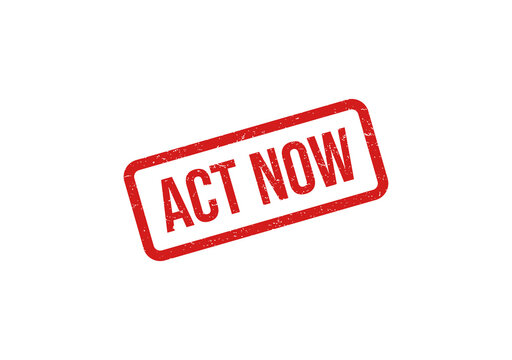 Red stamp with bold act now text isolated on transparent background