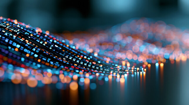 Colorful digital data stream representing futuristic technology and scientific database matrix, vivid color palette flowing across a dark background, defocused data stream,
