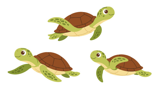 Cute swimming sea turtles set in cartoon vector style