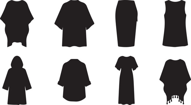 Collection of women beachwear cover ups kaftan and tunic silhouettes isolated on white background vector illustration