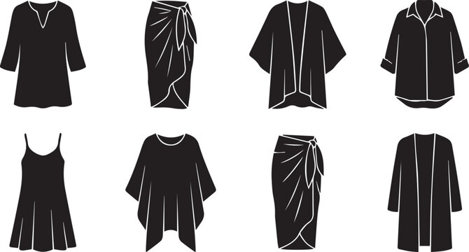 Collection of women beachwear cover ups tunic and sarong silhouettes isolated on white background vector illustration