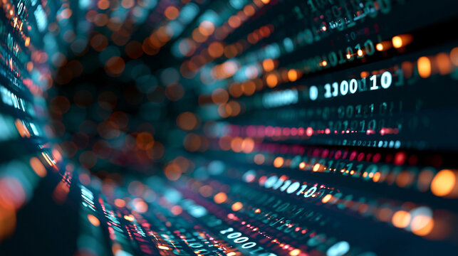 Abstract vibrant digital tunnel with colorful light patterns representing binary code and database technology, defocused tunnel depth, binary tunnel concept illustration, with