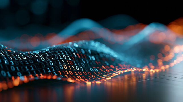 Futuristic digital landscape with vibrant waves of color representing binary code and data flow in a 3D rendered environment, defocused wave patterns in background, binary wave