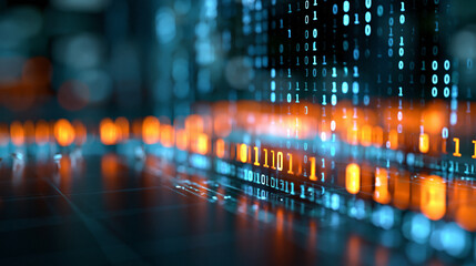 Fototapeta premium Abstract digital data visualization in vibrant colors representing binary code and light technology on a dark background, defocused dark digital space, abstract binary