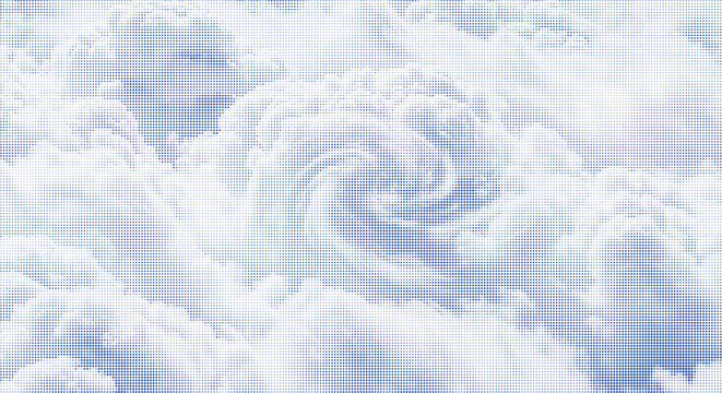 Abstract blue and white halftone dot pattern creating textured clouds and atmospheric sky, generative art background.