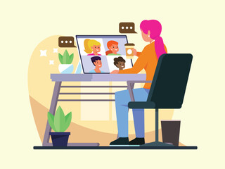 Fototapeta premium Woman in video call meeting with colleagues, working from home.