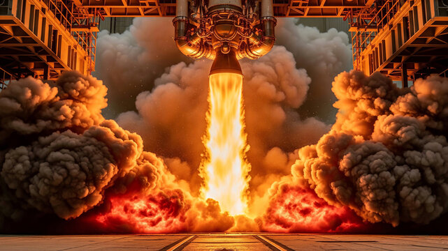 Rocket engine ignites with massive flames and smoke during launch. Industrial launch pad scene, space exploration, powerful thrust, aerospace technology, engineering achievement.