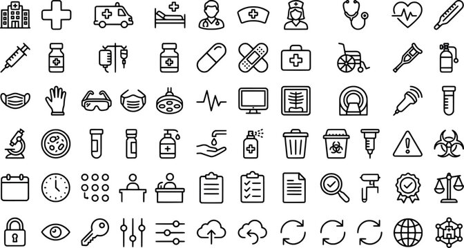 Comprehensive medical and healthcare line icon set for clinical and hospital use transparent background