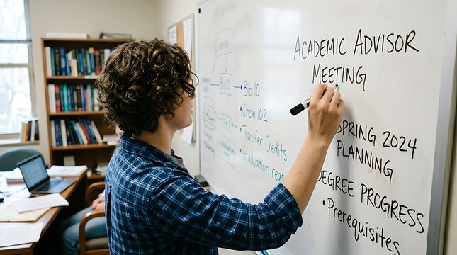 Student writing academic advisor meeting notes on whiteboard for spring 2024 planning session